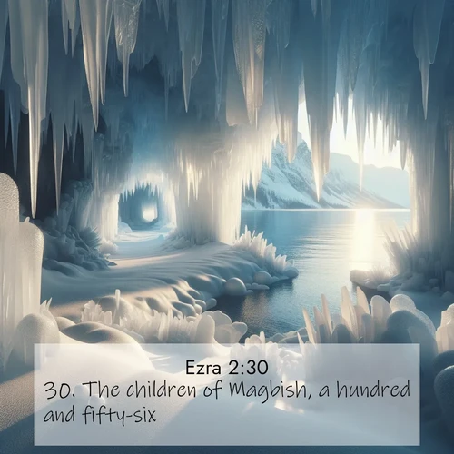 BasicEnglish Ezra  ; image nature: image with the bible verse :The children of Magbish, a hundred and fifty-six. ; Explore winter-themed Bible verse images illustrated by snowy mountains, frost-covered branches, and clear skies. These landscapes reflect divine purity and peace. Download verses like KJV Ezra 2:30. Current verse is overlayed with the thematic nature scene : Winter ice forms crystal caves along lake cliffs. ; 2:30
