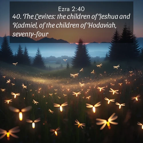 BasicEnglish Ezra  ; image nature: image with the bible verse :The Levites: the children of Jeshua and Kadmiel, of the children of Hodaviah, seventy-four. ; Admire Bible verse images capturing the beauty of beaches, with turquoise waters, palm trees, and peaceful shores. These soothing scenes reflect God&#039;s serenity and majesty. Download and share verses like KJV Ezra 2:40. Current verse is overlayed with the thematic nature scene : Lightning bugs rise from summer meadows at dusk. Their lights dance like earthbound stars. ; 2:40