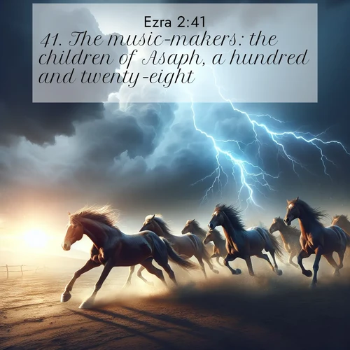BasicEnglish Ezra  ; image nature: image with the bible verse :The music-makers: the children of Asaph, a hundred and twenty-eight ; Explore a spring collection of Bible images, with landscapes of green hills, wildflowers, and crystal-clear streams. These images symbolize the blossoming of God&#039;s creation. Download verses like KJV Ezra 2:41. Current verse is overlayed with the thematic nature scene : Wild horses race approaching storms. Lightning illuminates their power. ; 2:41