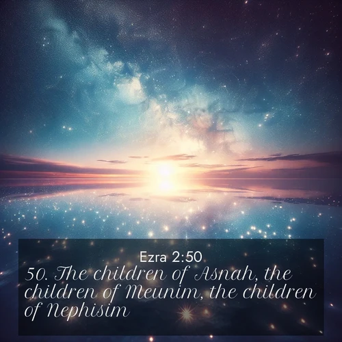 BasicEnglish Ezra  ; image nature: image with the bible verse :The children of Asnah, the children of Meunim, the children of Nephisim, ; Discover our curated gallery of Bible verse images with breathtaking scenery, from tranquil deserts to lush green pastures. Perfect for phone wallpapers or sharing online. Download verses like KJV Ezra 2:50. Current verse is overlayed with the thematic nature scene : Stars reflect perfectly in the salt flats after rainfall. The horizon disappears in the mirror-like expanse. ; 2:50