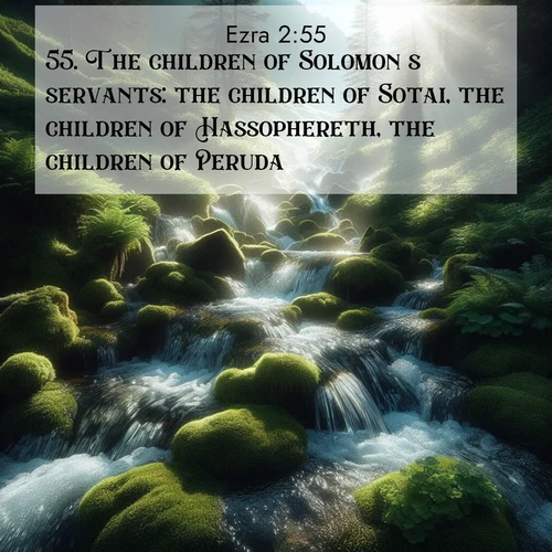 BasicEnglish Ezra  ; image nature: image with the bible verse :The children of Solomon&#039;s servants: the children of Sotai, the children of Hassophereth, the children of Peruda, ; Browse a large collection of Bible verse images with photos showcasing the splendor of nature. Scenes of peaceful rivers, verdant valleys, and radiant skies enhance the inspiring verses. Each image reflects the serenity and joy of God&#039;s creation, with elegant text fonts. Download and share verses such as KJV Ezra 2:55. Current verse is overlayed with the thematic nature scene : Mountain streams tumble through moss. Sunlight creates crystal prisms. ; 2:55