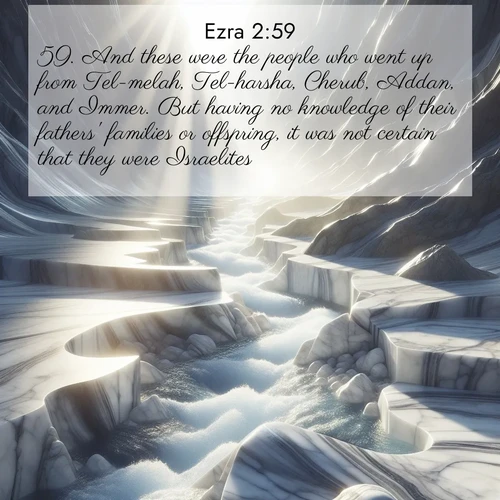 BasicEnglish Ezra  ; image nature: image with the bible verse :And these were the people who went up from Tel-melah, Tel-harsha, Cherub, Addan, and Immer. But having no knowledge of their fathers&#039; families or offspring, it was not certain that they were Israelites; ; Admire Bible verse images illustrated by summer photos, such as sunny beaches, sparkling waves, and swaying palm trees. These bright scenes highlight the joy and warmth of God&#039;s creation. Download and share verses like KJV Ezra 2:59. Current verse is overlayed with the thematic nature scene : Mountain streams carve marble smooth. Sunlight dances on clear pools. ; 2:59