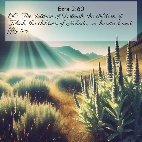 BasicEnglish Ezra  ; image nature: image with the bible verse :The children of Delaiah, the children of Tobiah, the children of Nekoda, six hundred and fifty-two. ; Discover Bible verses beautifully integrated with natural scenes of varied seasons, featuring summer skies, winter snow, autumn leaves, and spring blooms. Each image captures the splendor and peace of God&#039;s creation. Share verses like KJV Ezra 2:60. Current verse is overlayed with the thematic nature scene : Summer heat brings out the scent of sage in mountain meadows. ; 2:60