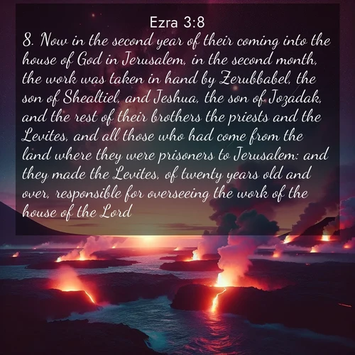 BBE Ezra 3:8 overlaying nature image scene: Lava flows meet the ocean at twilight, sending plumes of steam skyward. Stars emerge one by one above the cosmic display.;8. Now in the second year of their coming into the house of God in Jerusalem, in the second month, the work was taken in hand by Zerubbabel, the son of Shealtiel, and Jeshua, the son of Jozadak, and the rest of their brothers the priests and the Levites, and all those who had come from the land where they were prisoners to Jerusalem: and they made the Levites, of twenty years old and over, responsible for overseeing the work of the house of the Lord.