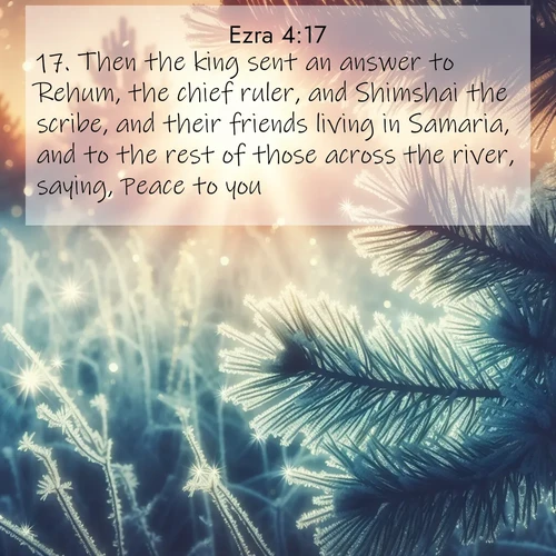 BasicEnglish Ezra  ; image nature: image with the bible verse :Then the king sent an answer to Rehum, the chief ruler, and Shimshai the scribe, and their friends living in Samaria, and to the rest of those across the river, saying, Peace to you: ; Dive into our collection of Bible verses paired with coastal scenes, featuring calming waves, infinite beaches, and reflections of the sun on the water. These images evoke the peace and beauty of God. Share verses like KJV Ezra 4:17. Current verse is overlayed with the thematic nature scene : Morning frost rimes every needle. Weak sun struggles through branches. ; 4:17