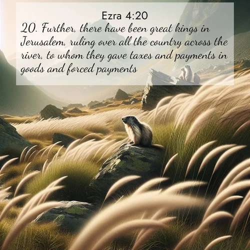 BasicEnglish Ezra  ; image nature: image with the bible verse :Further, there have been great kings in Jerusalem, ruling over all the country across the river, to whom they gave taxes and payments in goods and forced payments. ; Admire our autumnal collection of Bible verse images accompanied by photos of paths lined with red and yellow leaves, fiery forests, and calm rivers. These images inspire reflection and serenity. Share verses like KJV Ezra 4:20. Current verse is overlayed with the thematic nature scene : Mountain meadow grasses bend in alpine wind. Marmots whistle warnings from rocky outcrops. ; 4:20