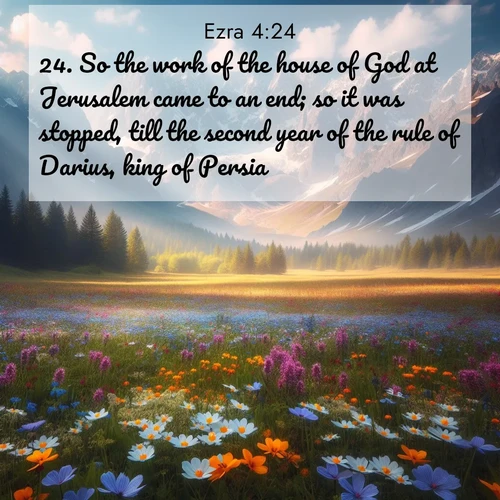 BasicEnglish Ezra  ; image nature: image with the bible verse :So the work of the house of God at Jerusalem came to an end; so it was stopped, till the second year of the rule of Darius, king of Persia. ; Discover a rich selection of Bible verse images illustrated by natural landscapes like tranquil beaches, golden fields, and majestic trees. These images aim to capture the peace and beauty of God&#039;s creation, with vibrant colors and varied typography. Download and share inspiring verses like KJV Ezra 4:24. Current verse is overlayed with the thematic nature scene : Spring wildflowers carpet an alpine meadow beneath snow-capped peaks. ; 4:24