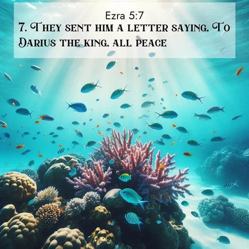 BBE Ezra 5:7 overlaying nature image scene: Tropical fish dart through coral reefs in crystal-clear waters.;7. They sent him a letter saying, To Darius the king, all peace: