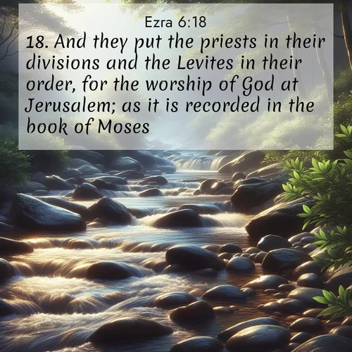 BasicEnglish Ezra  ; image nature: image with the bible verse :And they put the priests in their divisions and the Levites in their order, for the worship of God at Jerusalem; as it is recorded in the book of Moses. ; Explore a collection of inspiring Bible verse images accompanied by winter photos, such as snowy landscapes, frosted trees, and frozen lakes. These images reflect the peace and purity of God&#039;s creation, with elegant fonts and luminous colors. Download and share verses like KJV Ezra 6:18. Current verse is overlayed with the thematic nature scene : A mountain stream tumbles over smooth rocks between banks of mountain laurel. ; 6:18