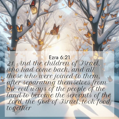 BasicEnglish Ezra  ; image nature: image with the bible verse :And the children of Israel, who had come back, and all those who were joined to them, after separating themselves from the evil ways of the people of the land to become the servants of the Lord, the God of Israel, took food together, ; Admire our gallery of Bible verse images showcasing divine beauty in nature—whether snowy peaks or serene oceans. Each image is freely downloadable and perfect for personal or spiritual use. Share verses like KJV Ezra 6:21. Current verse is overlayed with the thematic nature scene : Monarch butterflies cover winter trees. Their wings catch light like stained glass. ; 6:21
