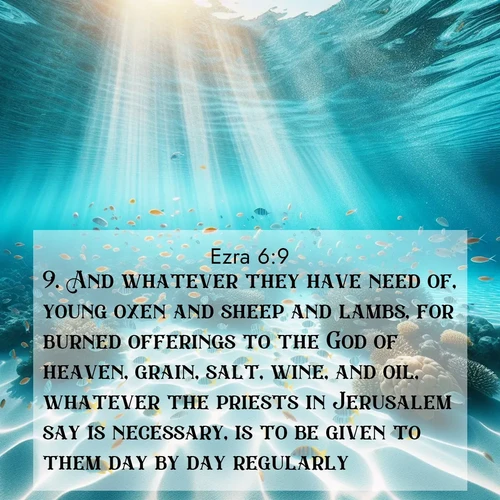 BasicEnglish Ezra  ; image nature: image with the bible verse :And whatever they have need of, young oxen and sheep and lambs, for burned offerings to the God of heaven, grain, salt, wine, and oil, whatever the priests in Jerusalem say is necessary, is to be given to them day by day regularly: ; Explore Bible verses paired with beach photos, where waves gently crash on the sand and the sky glows with pastel hues at sunset. These scenes convey deep serenity. Download verses like KJV Ezra 6:9. Current verse is overlayed with the thematic nature scene : Reef fish swirl in perfect formation through crystal waters. Sunlight creates shifting patterns on white sand below. ; 6:9