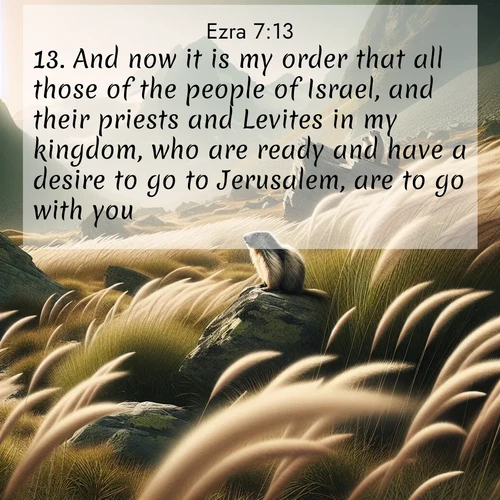 BasicEnglish Ezra  ; image nature: image with the bible verse :And now it is my order that all those of the people of Israel, and their priests and Levites in my kingdom, who are ready and have a desire to go to Jerusalem, are to go with you. ; Explore a stunning collection of Bible verse images featuring picturesque scenery like sun-drenched meadows, tranquil lakes, and majestic forests. All images are free to download and share. Verses include KJV Ezra 7:13. Current verse is overlayed with the thematic nature scene : Mountain meadow grasses bend in alpine wind. Marmots whistle warnings from rocky outcrops. ; 7:13