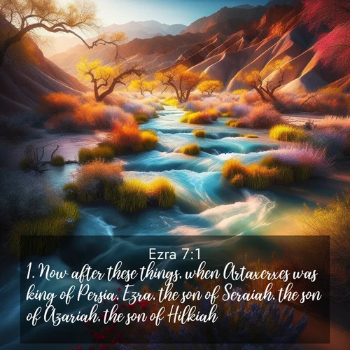 BasicEnglish Ezra  ; image nature: image with the bible verse :Now after these things, when Artaxerxes was king of Persia, Ezra, the son of Seraiah, the son of Azariah, the son of Hilkiah, ; Admire Bible verse images illustrated by desert scenes, such as sunsets over dunes, majestic rocks, and solitary cacti. These images capture the majesty of God in arid places. Download and share verses like KJV Ezra 7:1. Current verse is overlayed with the thematic nature scene : Spring floods transform desert arroyos into rushing streams. ; 7:1