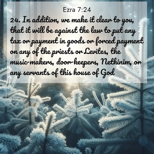 BasicEnglish Ezra  ; image nature: image with the bible verse :In addition, we make it clear to you, that it will be against the law to put any tax or payment in goods or forced payment on any of the priests or Levites, the music-makers, door-keepers, Nethinim, or any servants of this house of God. ; Download stunning Bible verse images paired with nature scenes like rolling clouds, sparkling waters, and vibrant flower fields. These free images are perfect for spiritual reflection or wallpaper use. Share KJV Ezra 7:24. Current verse is overlayed with the thematic nature scene : Morning frost rimes every pine needle. Weak winter sun struggles to pierce the forest. ; 7:24