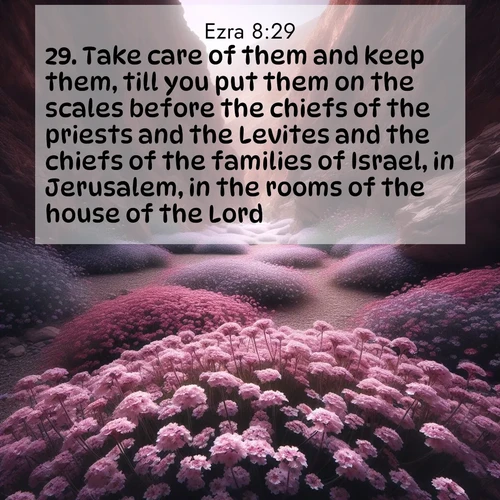 BasicEnglish Ezra  ; image nature: image with the bible verse :Take care of them and keep them, till you put them on the scales before the chiefs of the priests and the Levites and the chiefs of the families of Israel, in Jerusalem, in the rooms of the house of the Lord. ; Admire our autumnal collection of Bible verse images accompanied by photos of paths lined with red and yellow leaves, fiery forests, and calm rivers. These images inspire reflection and serenity. Share verses like KJV Ezra 8:29. Current verse is overlayed with the thematic nature scene : Desert verbena carpets hidden canyons. Flash flood waters carved these gardens. ; 8:29