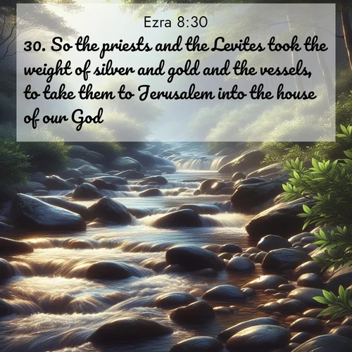 BasicEnglish Ezra  ; image nature: image with the bible verse :So the priests and the Levites took the weight of silver and gold and the vessels, to take them to Jerusalem into the house of our God. ; Download Bible verse images paired with breathtaking nature photos like golden deserts, shimmering seas, and blossoming orchards. These high-quality, free images are perfect for wallpapers or sharing. Verses include KJV Ezra 8:30. Current verse is overlayed with the thematic nature scene : A mountain stream tumbles over smooth rocks between banks of mountain laurel. ; 8:30