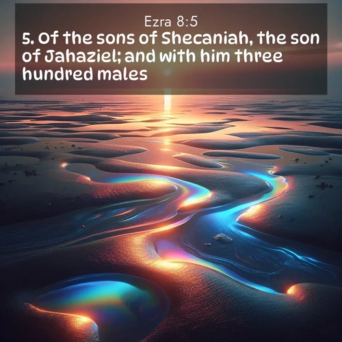 BasicEnglish Ezra  ; image nature: image with the bible verse :Of the sons of Shecaniah, the son of Jahaziel; and with him three hundred males. ; Download Bible verse images paired with breathtaking nature photos like golden deserts, shimmering seas, and blossoming orchards. These high-quality, free images are perfect for wallpapers or sharing. Verses include KJV Ezra 8:5. Current verse is overlayed with the thematic nature scene : Tidal pools reflect sunset colors at low tide. ; 8:5