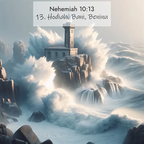 BBE Nehemiah 10:13 overlaying nature image scene: Winter storms send massive waves crashing against lighthouse rocks.;13. Hodiah, Bani, Beninu.