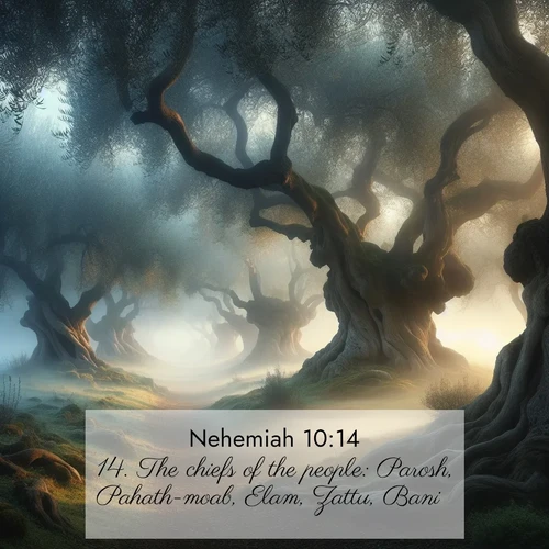 BBE Nehemiah 10:14 overlaying nature image scene: Mist rolls through an ancient olive grove at dawn. Each gnarled trunk tells stories of centuries past.;14. The chiefs of the people: Parosh, Pahath-moab, Elam, Zattu, Bani,