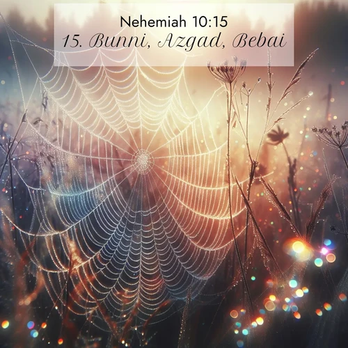 BBE Nehemiah 10:15 overlaying nature image scene: Morning fog reveals spider web galaxies. Dew drops catch rainbow light.;15. Bunni, Azgad, Bebai,