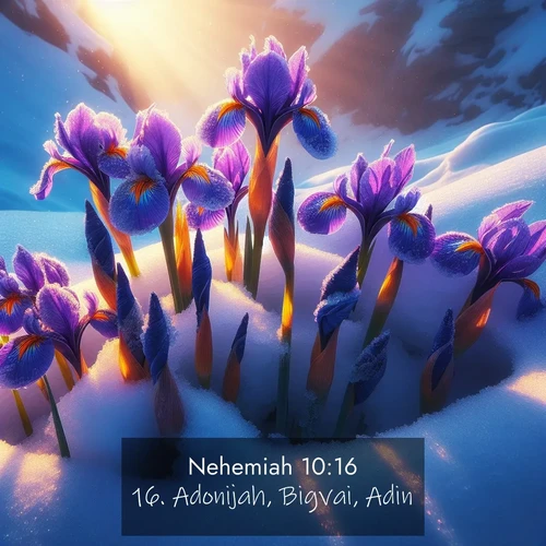 BBE Nehemiah 10:16 overlaying nature image scene: Wild iris blooms pierce through melting snow. Alpine sunlight ignites their petals.;16. Adonijah, Bigvai, Adin,