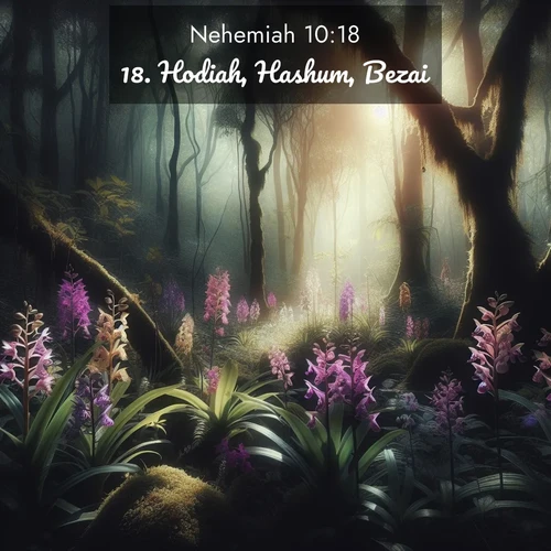 BBE Nehemiah 10:18 overlaying nature image scene: Wild orchids bloom in forest shade. Filtered light reveals their grace.;18. Hodiah, Hashum, Bezai,