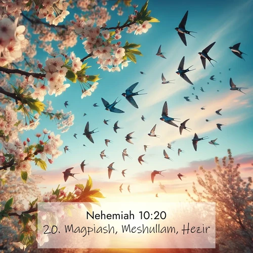 BBE Nehemiah 10:20 overlaying nature image scene: Spring migration fills the sky with countless swallows.;20. Magpiash, Meshullam, Hezir,