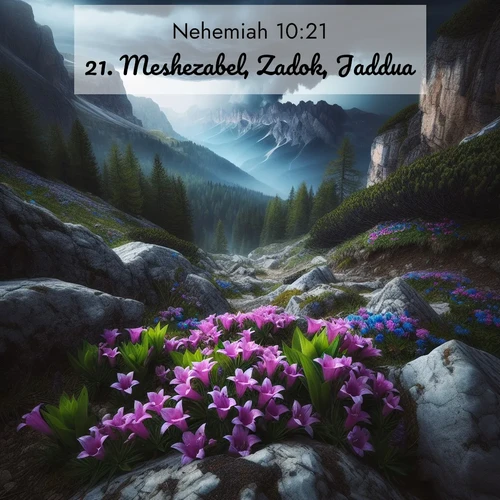 BBE Nehemiah 10:21 overlaying nature image scene: Alpine gentians bloom in rocky crevices. Summer storms gather above treeline.;21. Meshezabel, Zadok, Jaddua,