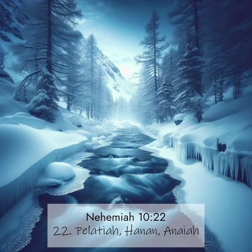 BBE Nehemiah 10:22 overlaying nature image scene: A mountain stream disappears beneath winter ice. Its song continues in hidden chambers.;22. Pelatiah, Hanan, Anaiah,