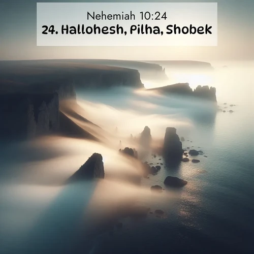 BBE Nehemiah 10:24 overlaying nature image scene: Coastal fog reveals and conceals seaside cliffs.;24. Hallohesh, Pilha, Shobek,