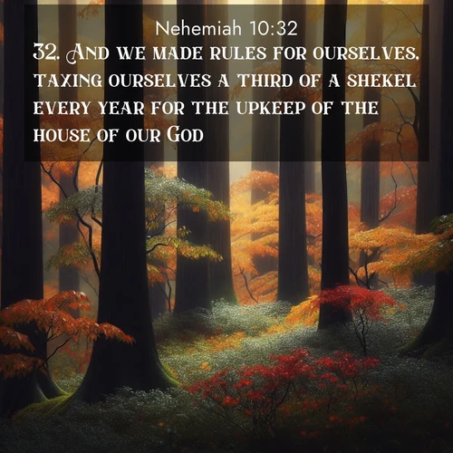 BBE Nehemiah 10:32 overlaying nature image scene: Autumn rain darkens tree trunks in the forest.;32. And we made rules for ourselves, taxing ourselves a third of a shekel every year for the upkeep of the house of our God;