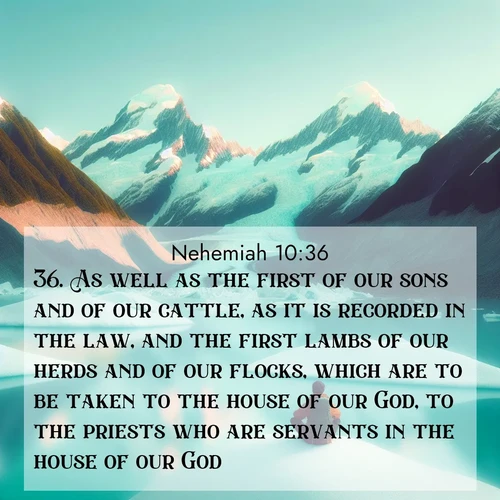 BBE Nehemiah 10:36 overlaying nature image scene: An explorer rests beside glacier lakes. Turquoise waters mirror twin peaks.;36. As well as the first of our sons and of our cattle, as it is recorded in the law, and the first lambs of our herds and of our flocks, which are to be taken to the house of our God, to the priests who are servants in the house of our God: