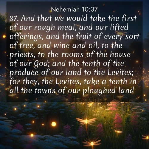 BBE Nehemiah 10:37 overlaying nature image scene: Fireflies dance above a spring meadow filled with singing crickets.;37. And that we would take the first of our rough meal, and our lifted offerings, and the fruit of every sort of tree, and wine and oil, to the priests, to the rooms of the house of our God; and the tenth of the produce of our land to the Levites; for they, the Levites, take a tenth in all the towns of our ploughed land.