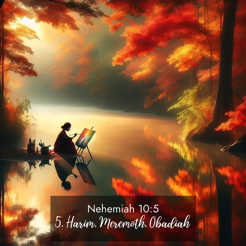 BBE Nehemiah 10:5 overlaying nature image scene: An artist paints beside still waters. Autumn colors double in reflection.;5. Harim, Meremoth, Obadiah,