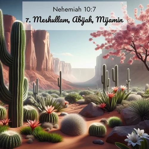 BBE Nehemiah 10:7 overlaying nature image scene: Desert cacti burst with spring blooms against red sandstone formations.;7. Meshullam, Abijah, Mijamin,