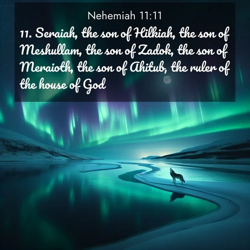 BBE Nehemiah 11:11 overlaying nature image scene: Northern lights dance across a frozen lake in ribbons of green and purple. A lone wolf howls from the distant shore.;11. Seraiah, the son of Hilkiah, the son of Meshullam, the son of Zadok, the son of Meraioth, the son of Ahitub, the ruler of the house of God,