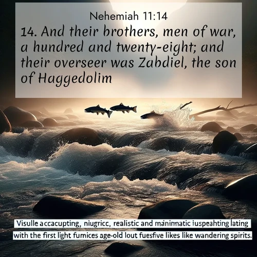 BBE Nehemiah 11:14 overlaying nature image scene: Wild salmon leap ancient rapids. Mist rises like spirits at dawn.;14. And their brothers, men of war, a hundred and twenty-eight; and their overseer was Zabdiel, the son of Haggedolim.