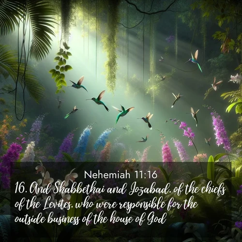 BBE Nehemiah 11:16 overlaying nature image scene: Wild orchids bloom in a rainforest canopy. Hummingbirds dart between the delicate flowers.;16. And Shabbethai and Jozabad, of the chiefs of the Levites, who were responsible for the outside business of the house of God;