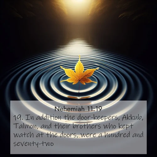 BBE Nehemiah 11:19 overlaying nature image scene: A single maple leaf floats on black water. Concentric ripples spread outward into infinity.;19. In addition the door-keepers, Akkub, Talmon, and their brothers who kept watch at the doors, were a hundred and seventy-two.
