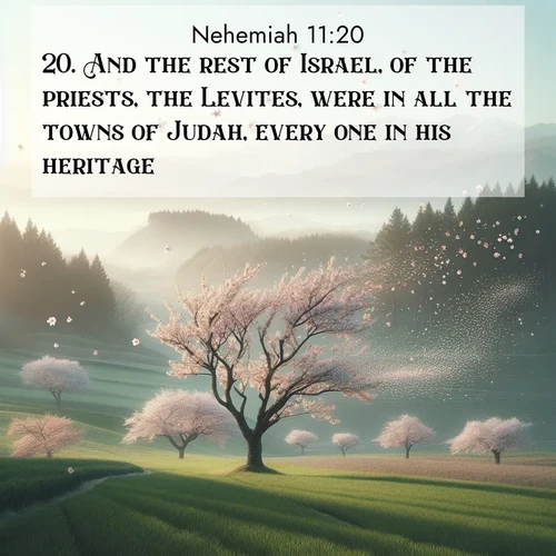 BBE Nehemiah 11:20 overlaying nature image scene: Spring winds scatter cherry blossoms like snow.;20. And the rest of Israel, of the priests, the Levites, were in all the towns of Judah, every one in his heritage.