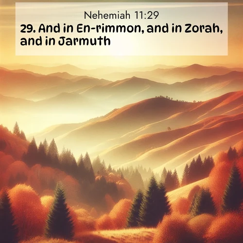 BBE Nehemiah 11:29 overlaying nature image scene: Autumn colors paint hillsides in warm earth tones.;29. And in En-rimmon, and in Zorah, and in Jarmuth,