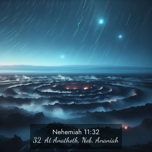 BBE Nehemiah 11:32 overlaying nature image scene: Volcanic steam rises through a field of black lava. Stars wheel overhead in the thin air.;32. At Anathoth, Nob, Ananiah,