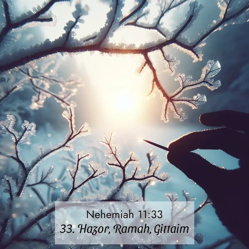 BBE Nehemiah 11:33 overlaying nature image scene: Winter sunrise glows through ice-coated branches.;33. Hazor, Ramah, Gittaim,
