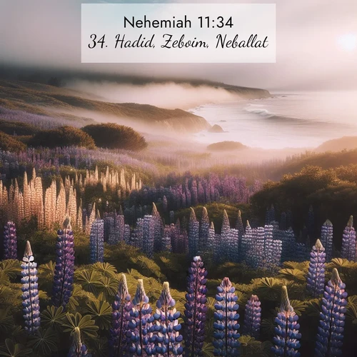 BBE Nehemiah 11:34 overlaying nature image scene: Wild lupines carpet a coastal meadow. Ocean fog rolls in on silent feet.;34. Hadid, Zeboim, Neballat,