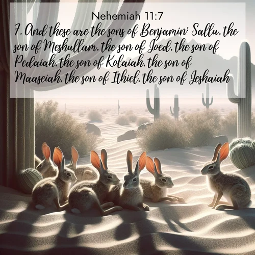 BBE Nehemiah 11:7 overlaying nature image scene: Desert jackrabbits rest in cactus shade. Heat waves distort distant peaks.;7. And these are the sons of Benjamin: Sallu, the son of Meshullam, the son of Joed, the son of Pedaiah, the son of Kolaiah, the son of Maaseiah, the son of Ithiel, the son of Jeshaiah.