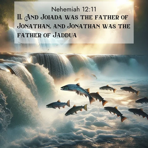 BasicEnglish Nehemiah  ; image nature: image with the bible verse :And Joiada was the father of Jonathan, and Jonathan was the father of Jaddua. ; Explore our gallery of inspiring Bible verse images showcasing divine beauty through nature. Download scenic images like snowy peaks, lush meadows, or radiant sunsets paired with verses like KJV Nehemiah 12:11. Current verse is overlayed with the thematic nature scene : Wild salmon leap ancient waterfalls. Mist rises like spirits in morning light. ; 12:11