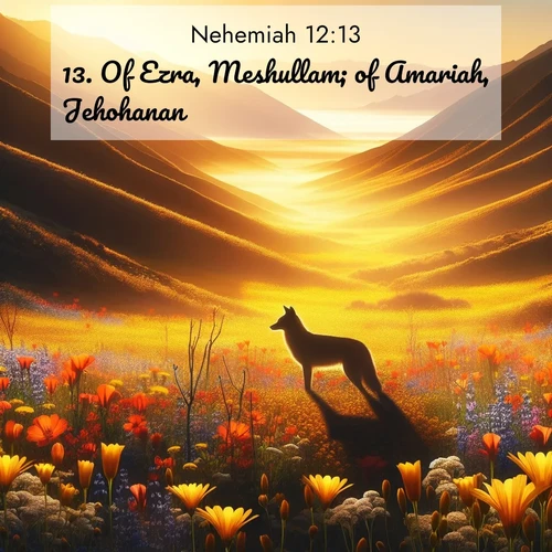 BasicEnglish Nehemiah  ; image nature: image with the bible verse :Of Ezra, Meshullam; of Amariah, Jehohanan; ; Browse Bible images illustrated by desert landscapes, with endless skies, golden dunes, and isolated palm trees. These images evoke the calm and grandeur of God&#039;s creation. Download inspiring verses like KJV Nehemiah 12:13. Current verse is overlayed with the thematic nature scene : Spring wildflowers carpet Death Valley in gold. A coyote&#039;s silhouette melts into the blooms. ; 12:13
