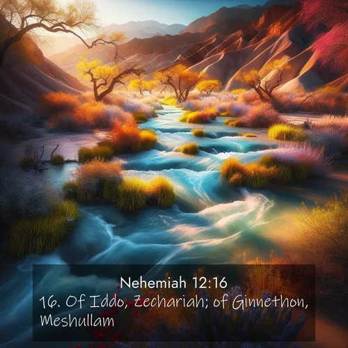 BasicEnglish Nehemiah  ; image nature: image with the bible verse :Of Iddo, Zechariah; of Ginnethon, Meshullam; ; Explore winter-themed Bible verse images illustrated by snowy mountains, frost-covered branches, and clear skies. These landscapes reflect divine purity and peace. Download verses like KJV Nehemiah 12:16. Current verse is overlayed with the thematic nature scene : Spring floods transform desert arroyos into rushing streams. ; 12:16