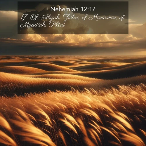 BasicEnglish Nehemiah  ; image nature: image with the bible verse :Of Abijah, Zichri; of Miniamin, of Moadiah, Piltai; ; Dive into our collection of Bible verses paired with breathtaking desert landscapes, featuring infinite dunes, shaded oases, and desert sunsets. These images highlight the majestic grandeur of God&#039;s creation. Download and share verses like KJV Nehemiah 12:17. Current verse is overlayed with the thematic nature scene : Prairie grass waves like a golden ocean. Storm clouds build towers on the horizon. ; 12:17