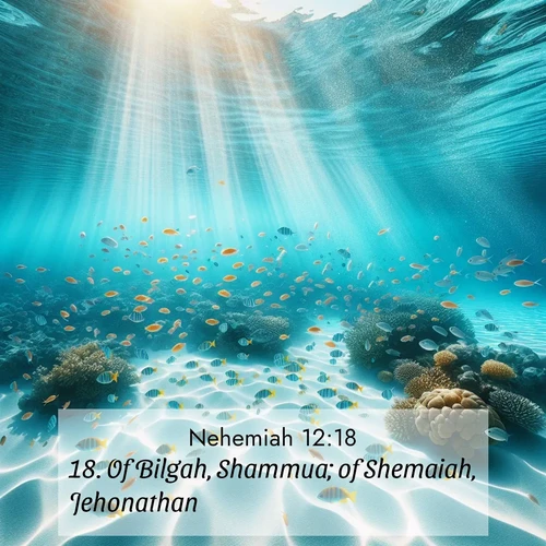 BasicEnglish Nehemiah  ; image nature: image with the bible verse :Of Bilgah, Shammua; of Shemaiah, Jehonathan; ; Browse a large collection of Bible verse images with photos showcasing the splendor of nature. Scenes of peaceful rivers, verdant valleys, and radiant skies enhance the inspiring verses. Each image reflects the serenity and joy of God&#039;s creation, with elegant text fonts. Download and share verses such as KJV Nehemiah 12:18. Current verse is overlayed with the thematic nature scene : Reef fish swirl in perfect formation through crystal waters. Sunlight creates shifting patterns on white sand below. ; 12:18